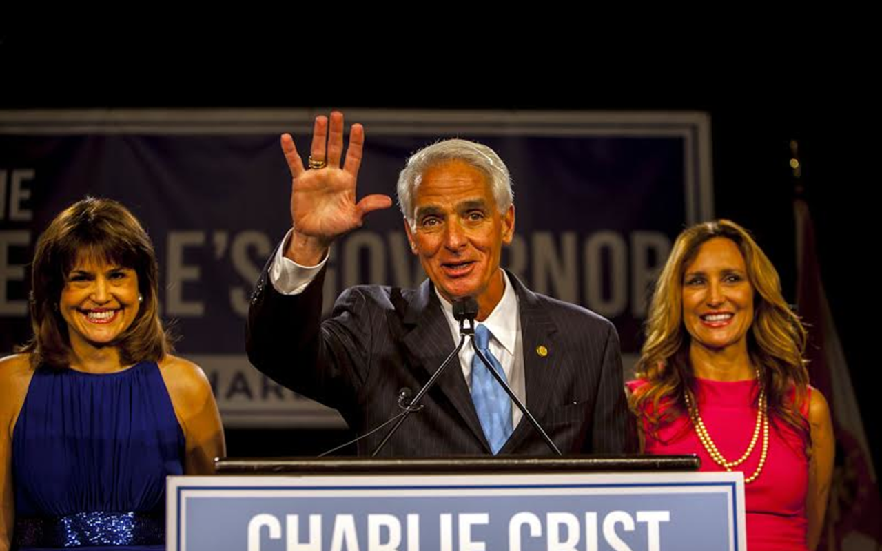 Charlie Crist, joined by his running mate Annette Taddeo (far left) and wife Carole Rome Crist, addressed the crowd at the Vinoy last night a little after 11:30 p.m. to concede the election to Rick Scott.