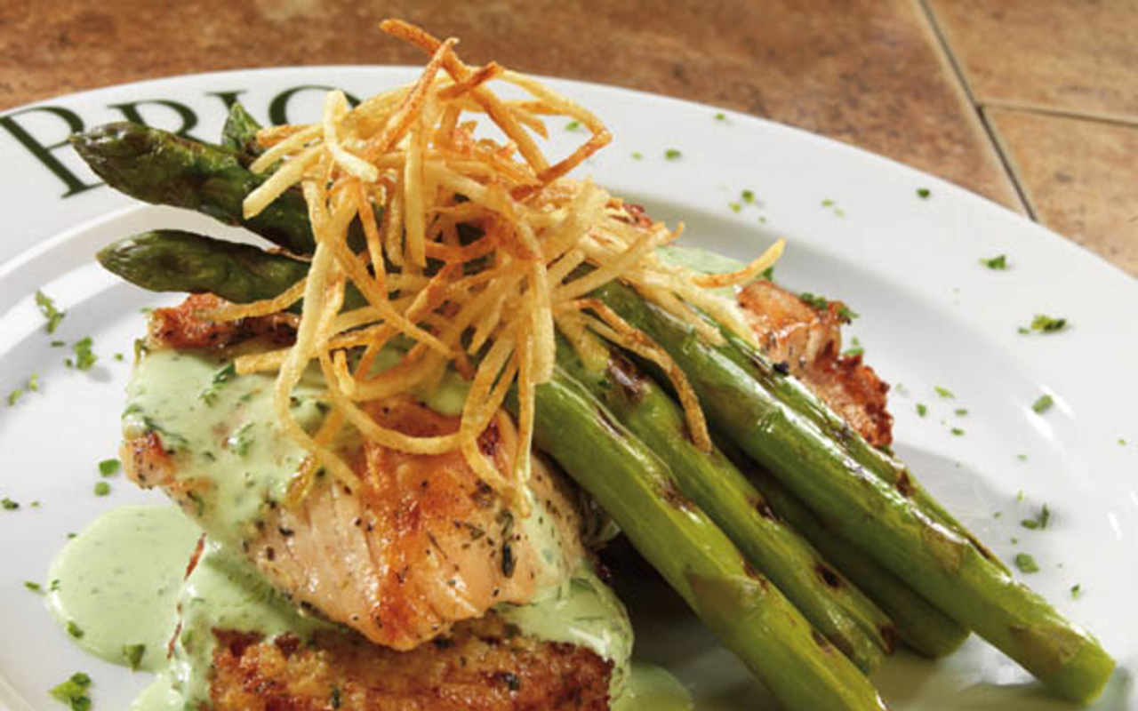 BRIO's grilled salmon with citrus pesto and asparagus is a welcome respite from holiday mall madness.