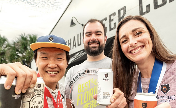 (L-R) BarrieHaus Beer Co.'s Junbae Lee, Jim Barrie and Brittney Barrie outside the brewery's location in Ybor City, Florida.