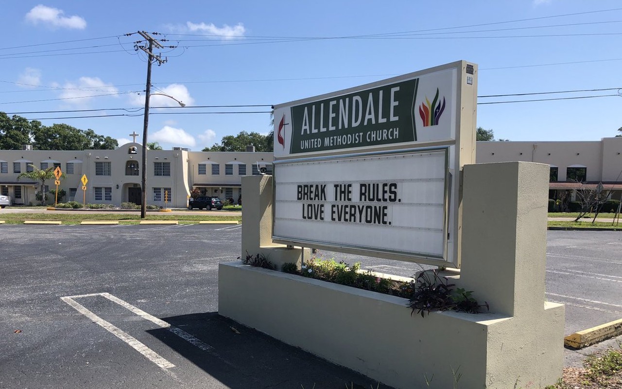 A sign in front of Allendale United Methodist Church says, "Break the rules. Love everyone."