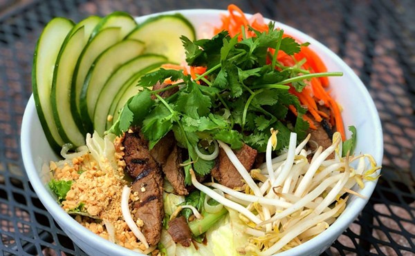 Zen's grilled noodle bowl with vermicelli noodles, cucumber, cilantro, grilled pork and shredded lettuce.