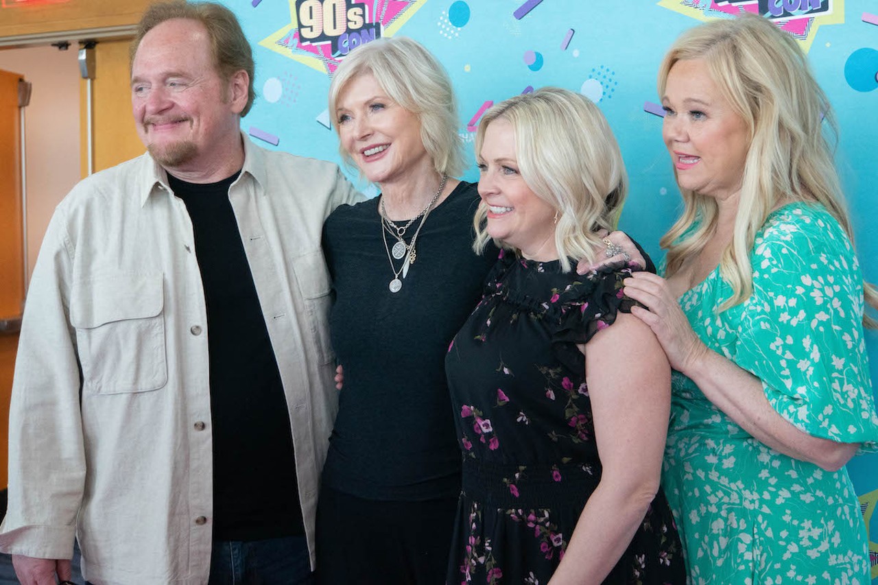 The cast of ABC TGIF hit show Sabrina the Teenage Witch posed for group photos. From left to right, Nick Bakay (the voice of Sabrina’s cat), Beth Broderick (Aunt Zelda), Melissa Joan Hart (Sabrina), and Caroline Rhea (Aunt Hilda)