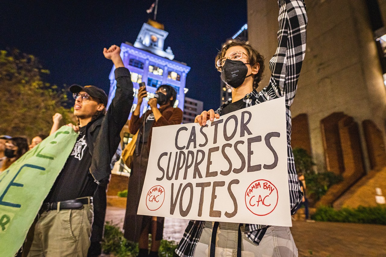 Photos: After controversial vetoes, activists gather outside Tampa City Hall to say 'Castor Suppresses Votes'