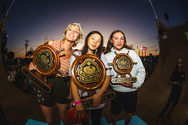 (L-R) Bryce Wettstein, Hasegawa Mizuho and Lilly Stoephasius at Skatepark of Tampa in Tampa, Florida on April 5, 2024.