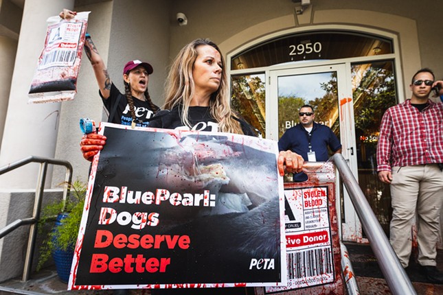 Peta activists outside a Blue Pearl Veterinary clinic in Tampa, Florida on Feb. 28, 2024.