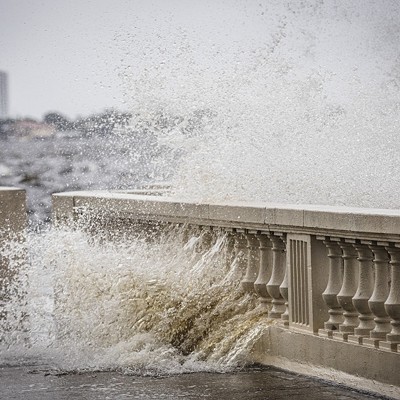 Waves crash on Bayshore Boulevard in Tampa, Florida on Sept. 26, 2024.