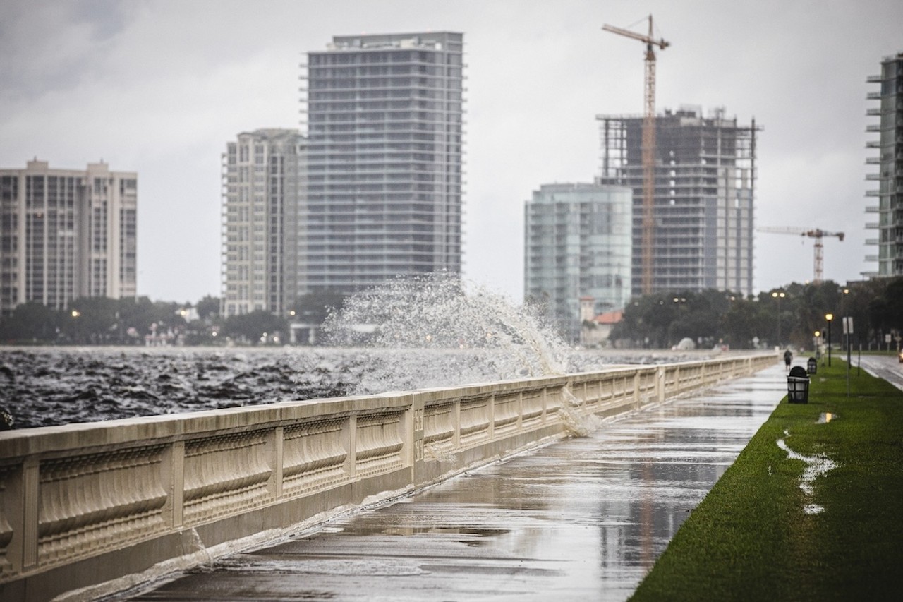 Waves crash on Bayshore Boulevard in Tampa, Florida on Sept. 26, 2024.