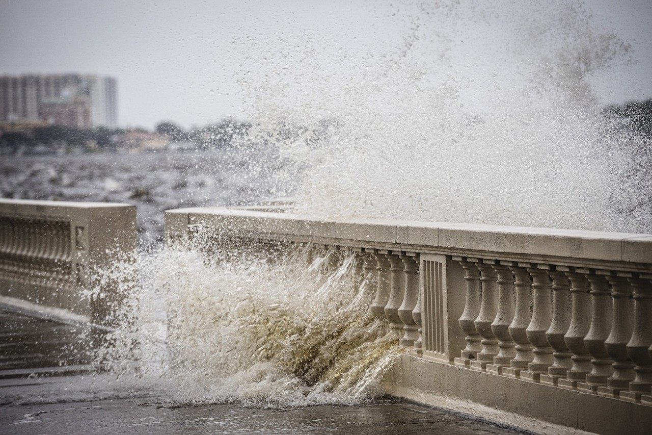 Waves crash on Bayshore Boulevard in Tampa, Florida on Sept. 26, 2024.