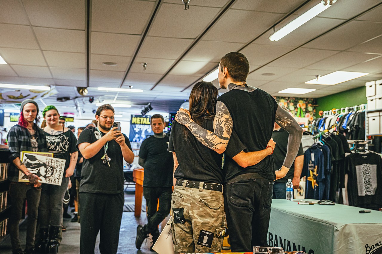 Laura Jane Grace with fans at Bananas Records in St. Petersburg, Florida on April 16, 2023.