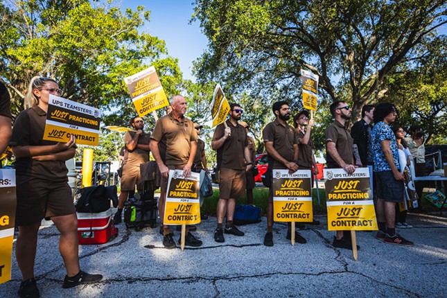 Tampa Bay UPS workers at a practice strike on July 21, 2023.