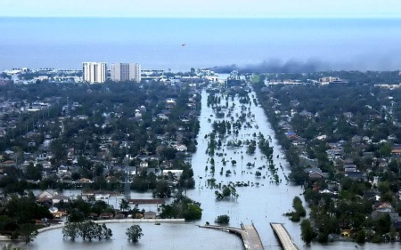 Even before the effects of global warming started to kick in, the vast majority of America’s coastlines were reeling from threats including habitat destruction, sewage outflows and industrial pollution. Pictured:  Flooded area of northwest New Orleans and Metairie, Louisiana in the wake of Hurricane Katrina.