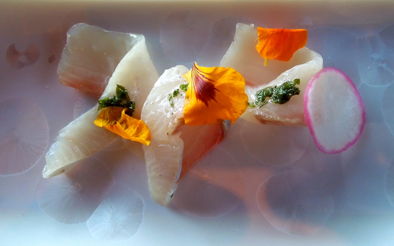 Amberjack with shiso and radish, our second course while dining at the inventive Canlis.