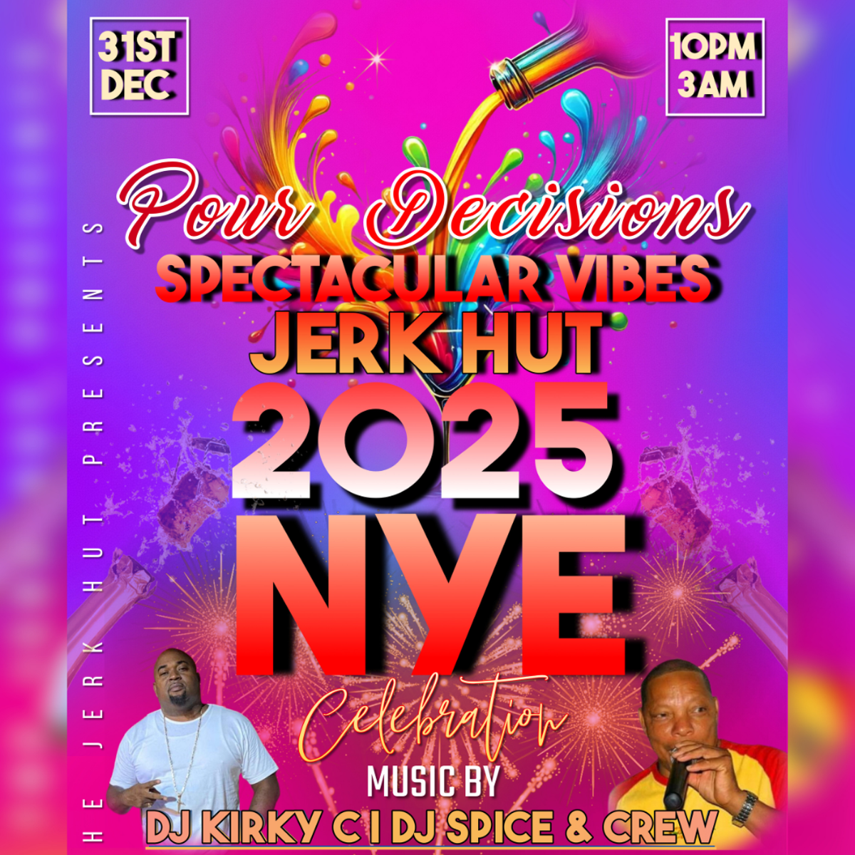 Ring in the New Year in true Caribbean style at Jerk Hut&rsquo;s Pour Decisions Spectacular Vibes NYE Celebration! 🎶✨  Join us for an unforgettable night of great vibes, delicious food, and music that will keep you dancing all the way into 2025!  🗓️ When: Tuesday, December 31st, 2024 Time: 10:00 PM &ndash; 3:00 AM  📍 Where: Jerk Hut Island Grille & Beach Club 1241 E Fowler Ave, Tampa, FL  🎵 Entertainment:  Music by DJ Kirky C and DJ Spice & Crew &ndash; delivering the hottest beats to keep you on your feet all night long! 🍹 What&rsquo;s Included:  🎉 With Midnight Buffet for everyone &ndash; fuel your celebrations with island flavors. 🥂 Appetizer & Champagne Bar &ndash; available ALL NIGHT for VIP Admission or Table Purchase. 🎟️ Tickets:  Early Bird Admission: Only $25 (available until December 25, 2024) General Admission and VIP Packages available. 🌟 Upgrade to VIP or Reserve a Table for Premium Perks:  Access to the Buffet, Appetizer and Champagne Bar all night. Priority seating and service. ✨ Dress to impress in your Festive and Chic attire and bring your best vibes as we toast to a spectacular 2025! Whether you&rsquo;re joining us solo, with friends, or with someone special, this is the ultimate way to kick off the New Year.  🎟️ Don&rsquo;t wait! Early bird tickets are limited&mdash;grab yours now before prices go up!  📞 For questions or table reservations, call/text 813-966-0818.  Let&rsquo;s make this New Year&rsquo;s Eve one for the books&mdash;Caribbean style! 🏝️🍾