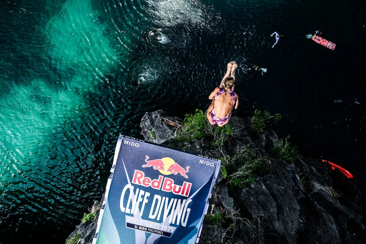 Kaylea Arnett of the USA dives from the 22 metre platform in the Big Lagoon during the final competition day of the first stop of the Red Bull Cliff Diving World Series in El Nido, Philippines on April 13, 2025.