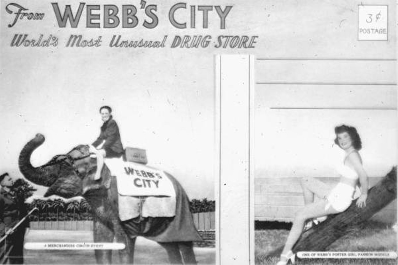 Webb's City postcard with an elephant on advertising a circus. Date unknown.