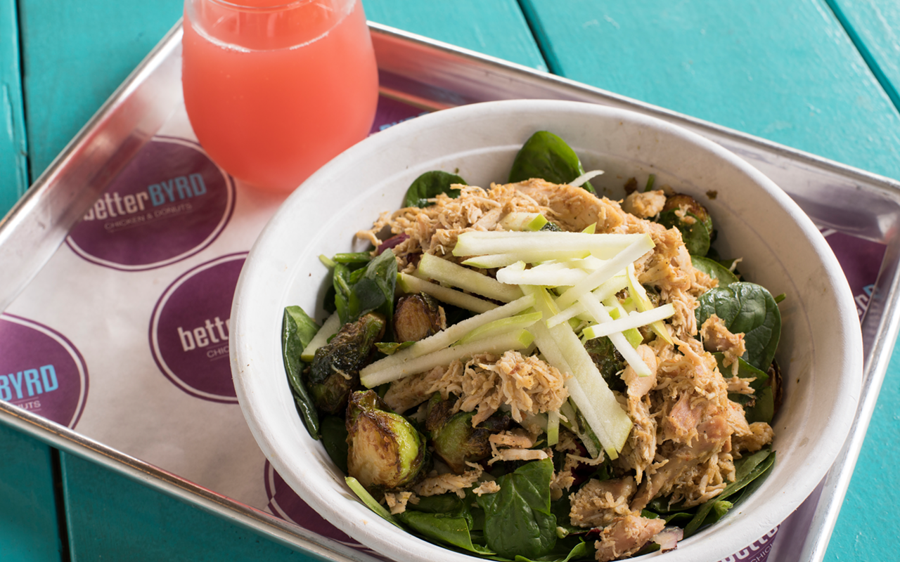 Interesting flavors are at play in betterBYRD's Brussels bowl, which features roasted pulled chicken.