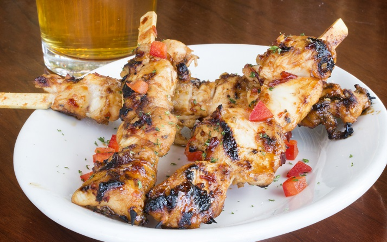 Spicy mingles with sweet through Global A’Fare’s sambal chicken skewers. 