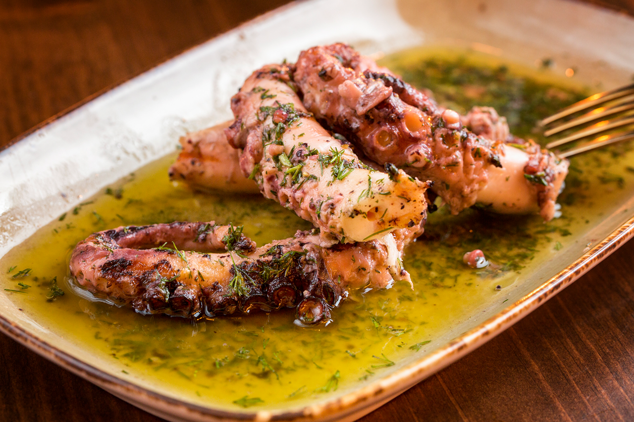 Greek-style grilled octopus cooked in estate olive oil, lemon, garlic and dill.