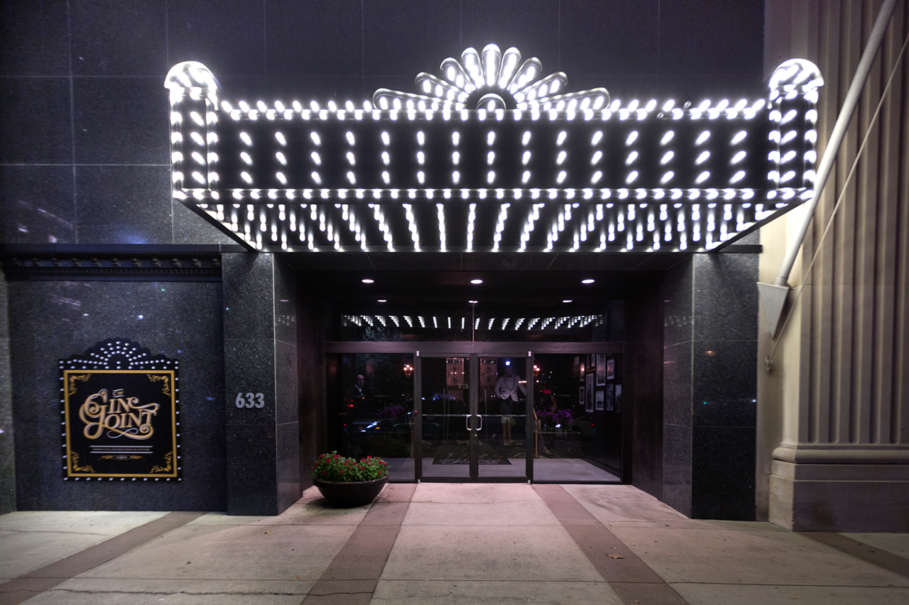 In downtown Tampa, the Gin Joint's Art Deco marquee is festooned with hundreds of bright bulbs that lure you in.