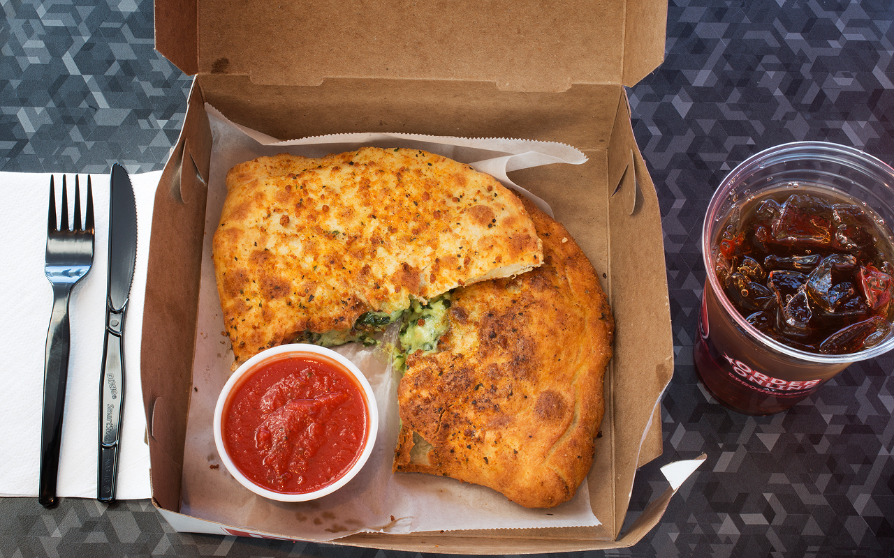 D.P. Dough's Speed Zone is stuffed with breaded chicken, spinach, garlic, mozzarella and ricotta.