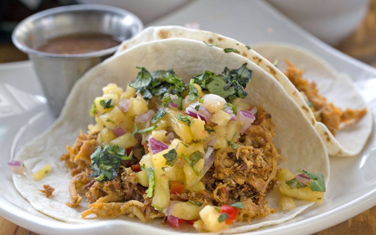 TACO TALK: Hablo’s Pork al Pastor with dry-rubbed, slow-cooked pulled pork.