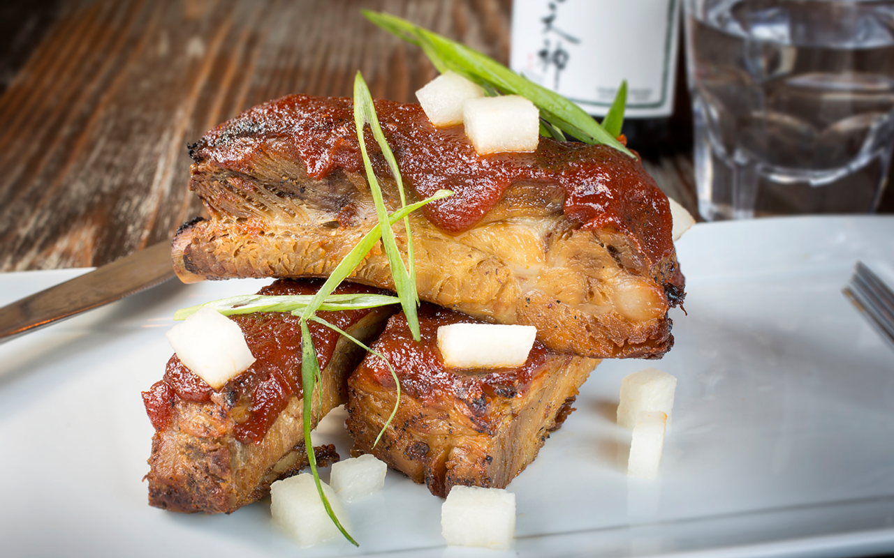 Sake ribs with Asian pear and ginger barbecue sauce make for a meaty surprise.