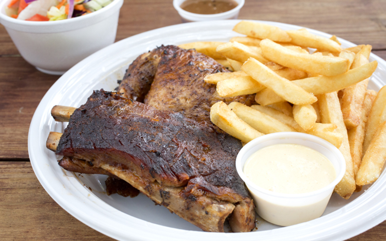 Pollo Garden's chicken and rib platter served with a snappy dipping sauce.