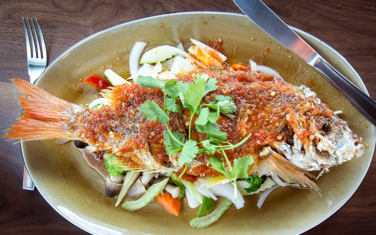 On our critic's Thai Prime visit, his tasty Paradize Snapper was served upright as if it was "swimming."