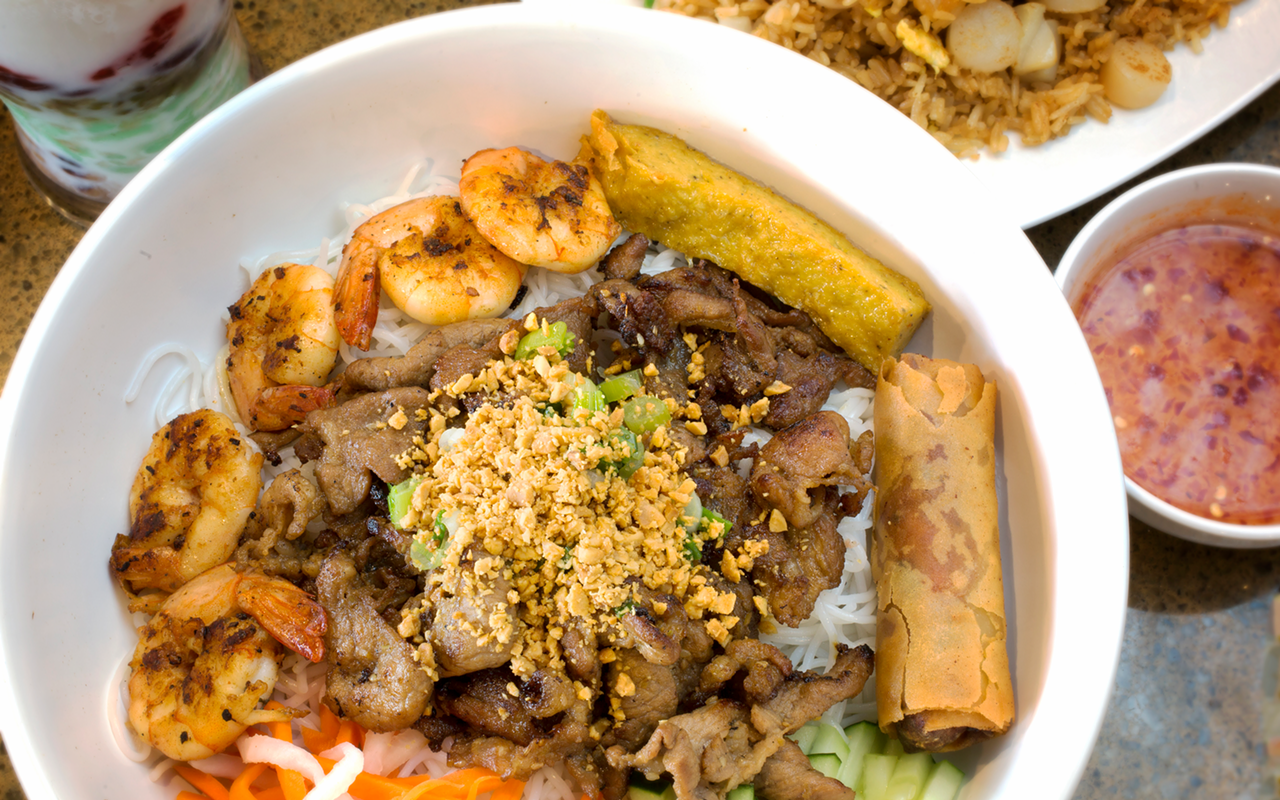 Thinh An's combo udon noodle bowl, with pork meat, shrimp, squid, fried fish ball and more.