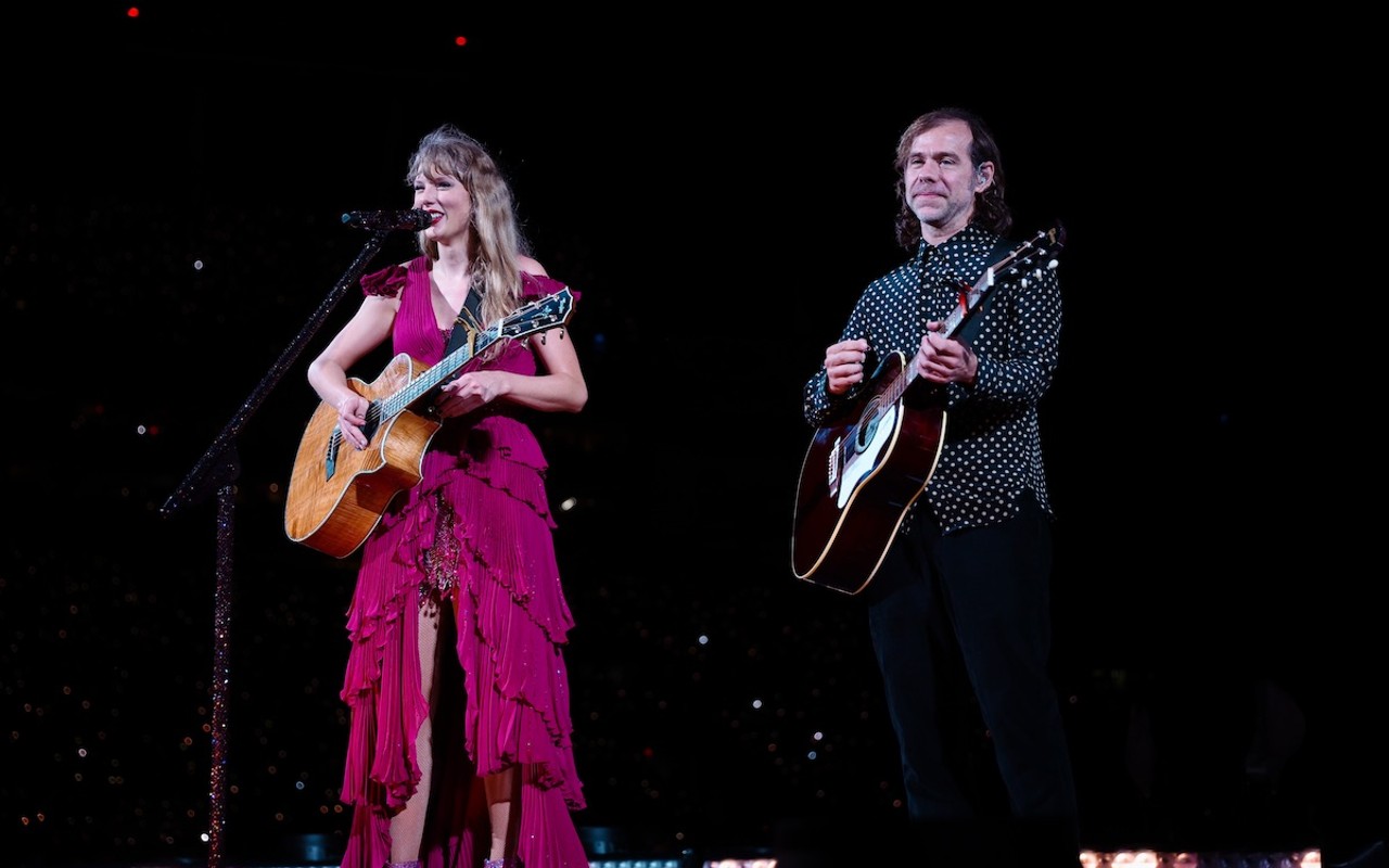 Taylor Swift (L) and Aaron Dessner at Raymond James Stadium in Tampa, Florida on April 14, 2023.