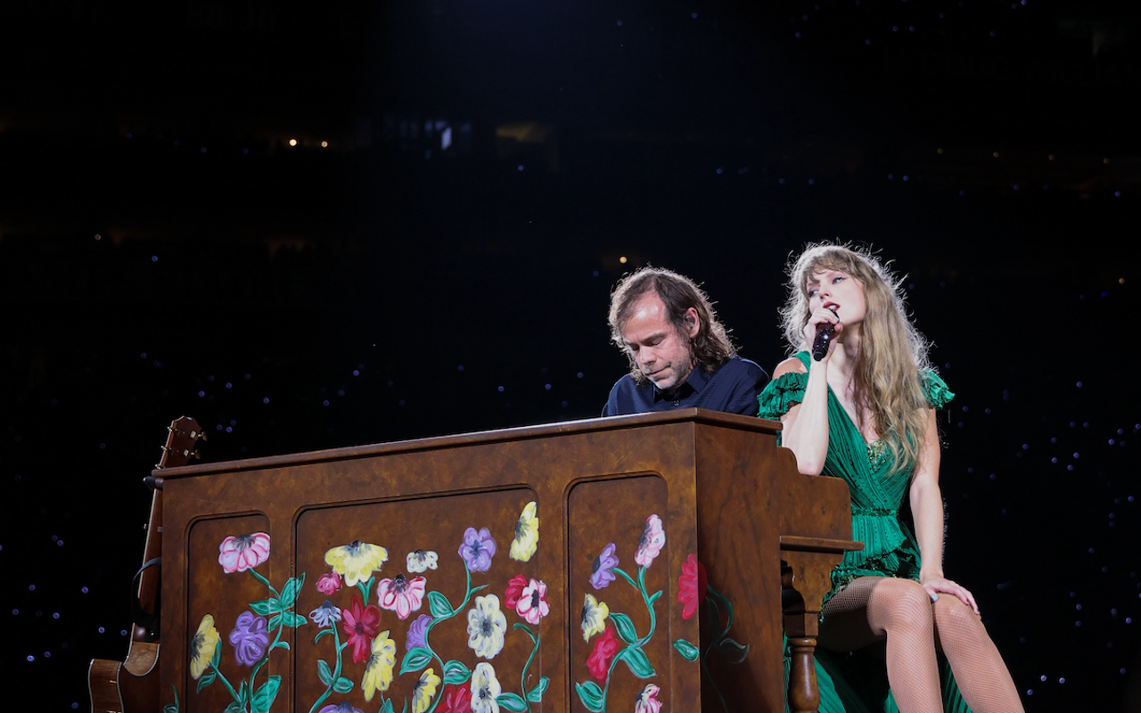 Aaron Dessner (L) and Taylor Swift at Raymond James Stadium in Tampa, Florida on April 15, 2023.