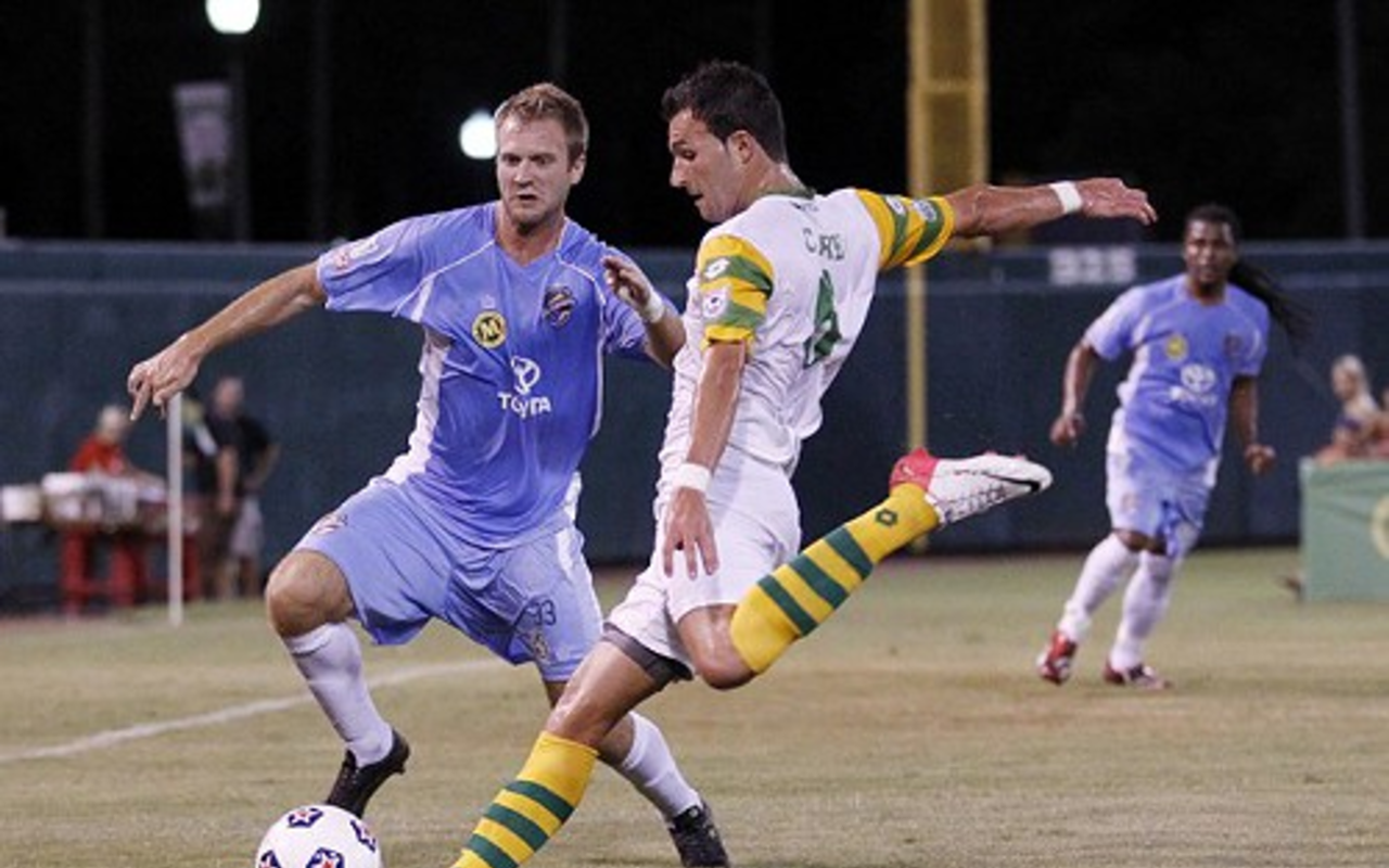 Rowdies forward Matt Clare fires a left-footed shot on goal in Tampa Bay’s 2-0 victory over Puerto Rico last Saturday night at Al Lang Stadium in St. Petersburg.