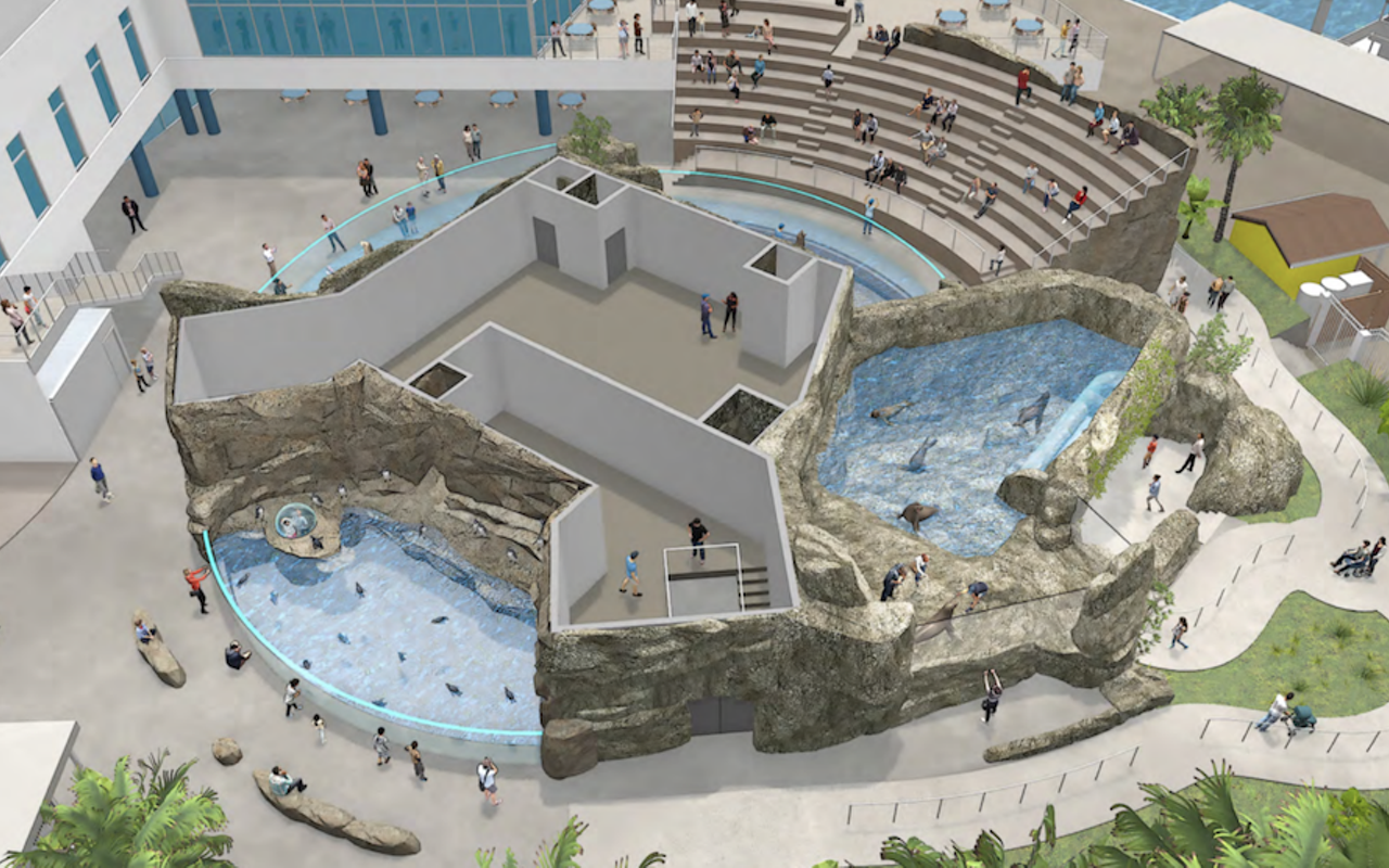 A 200,000-gallon, three-space interconnected habitat will be added to the outdoor plaza to house sea lions and feature underwater viewing and overlook seating