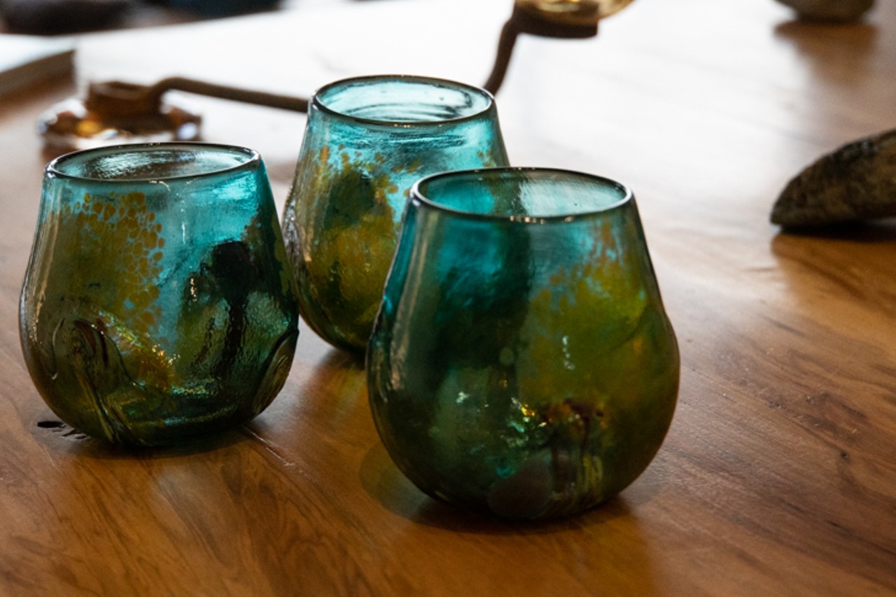 These stemless wine glasses, also found at Truffula, were hand-blown by Judy McManus. McManus fires her kilns with methane gas collected from a landfill near her home in North Carolina.