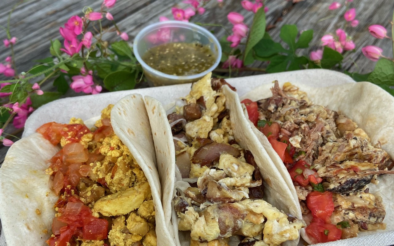 (L-R): tofu tacos, bacon and egg tacos and shredded brisket and egg tacos.