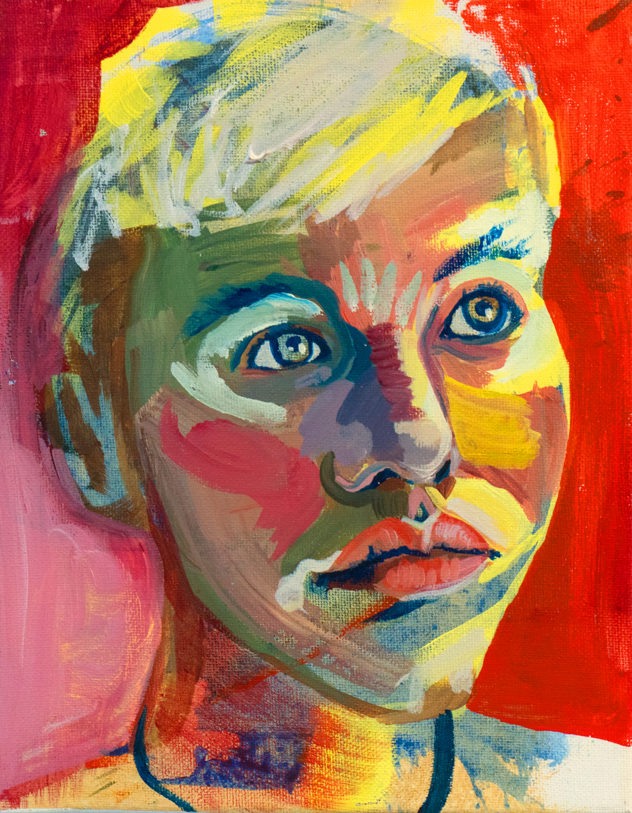 "All the hopes and dreams" by Mason Gehring. 
Mason Gehring introduces herself through a series of self-portraits, each characterized by broad brush strokes, expressive eyes, and masks of white house paint. I see her daydreaming in “All the Hopes and Dreams,” then staring right at me in “Hard Look.” And though these paintings aren’t the least bit photorealistic, I can see and feel the real woman behind them. She is I, and I am Thou.
