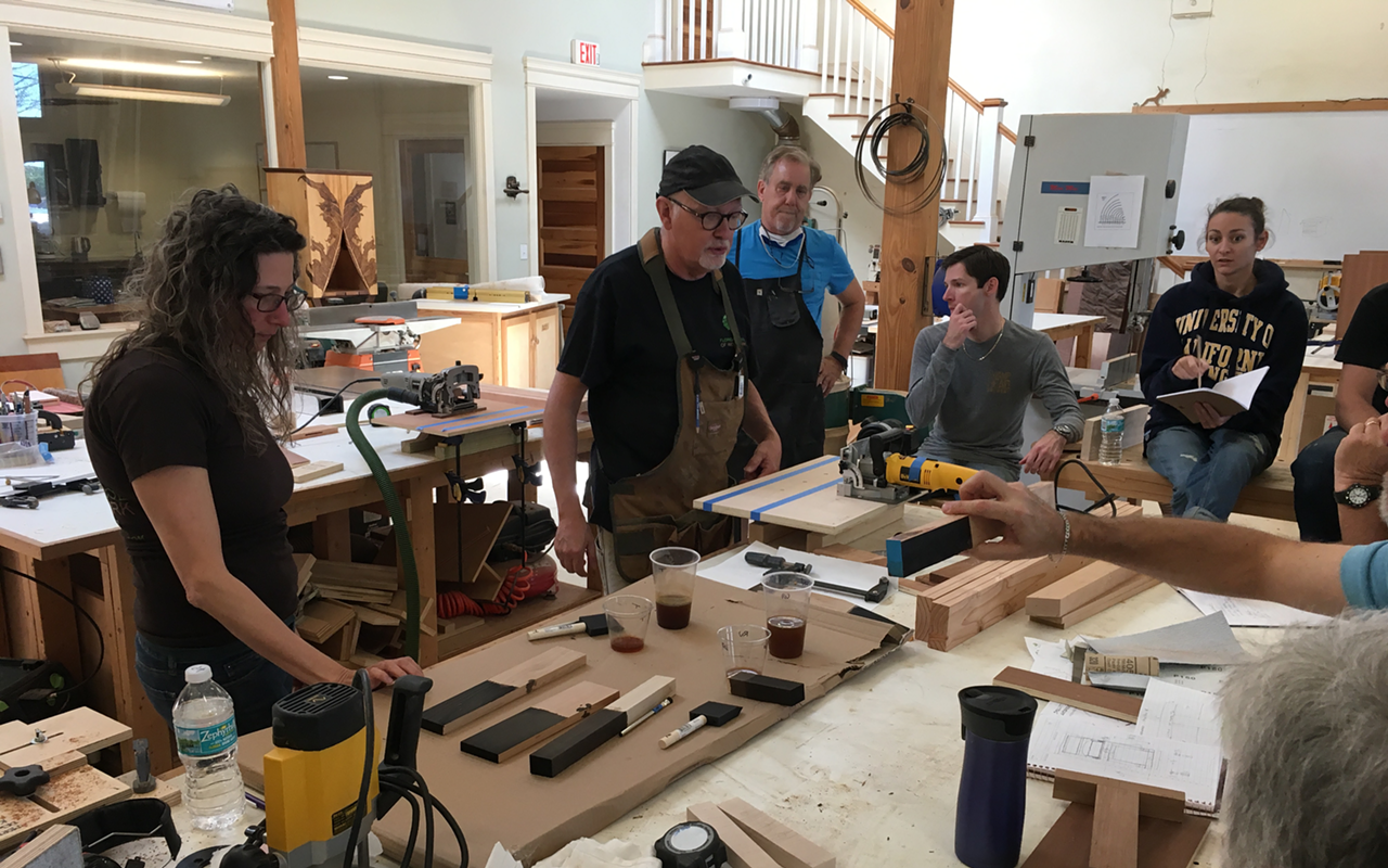 Instructors Kelly Parker and Mike Fortune during an ebonizing demo at the Florida School of Woodwork.