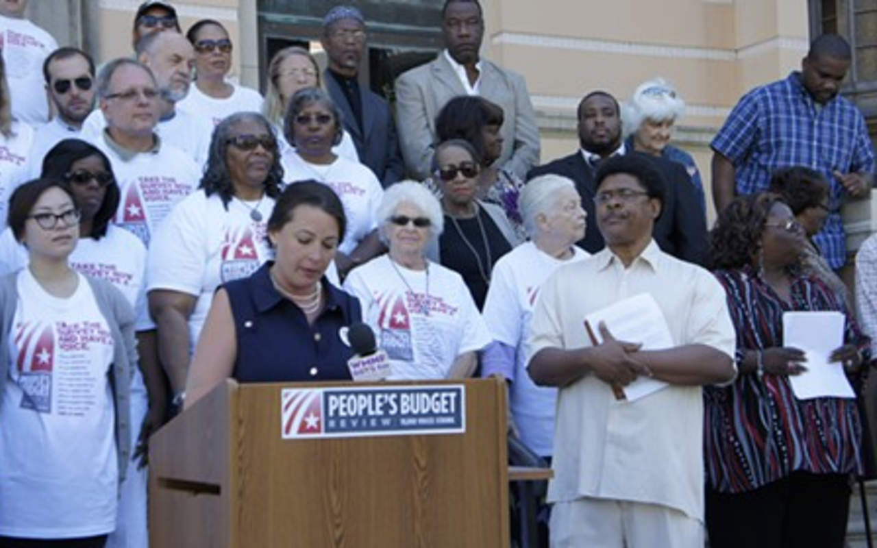 St. Petersburg League of Women Voters President Darden Rice, speaking at the People's Budget Review announcement Monday at St. Petersburg City Hall.