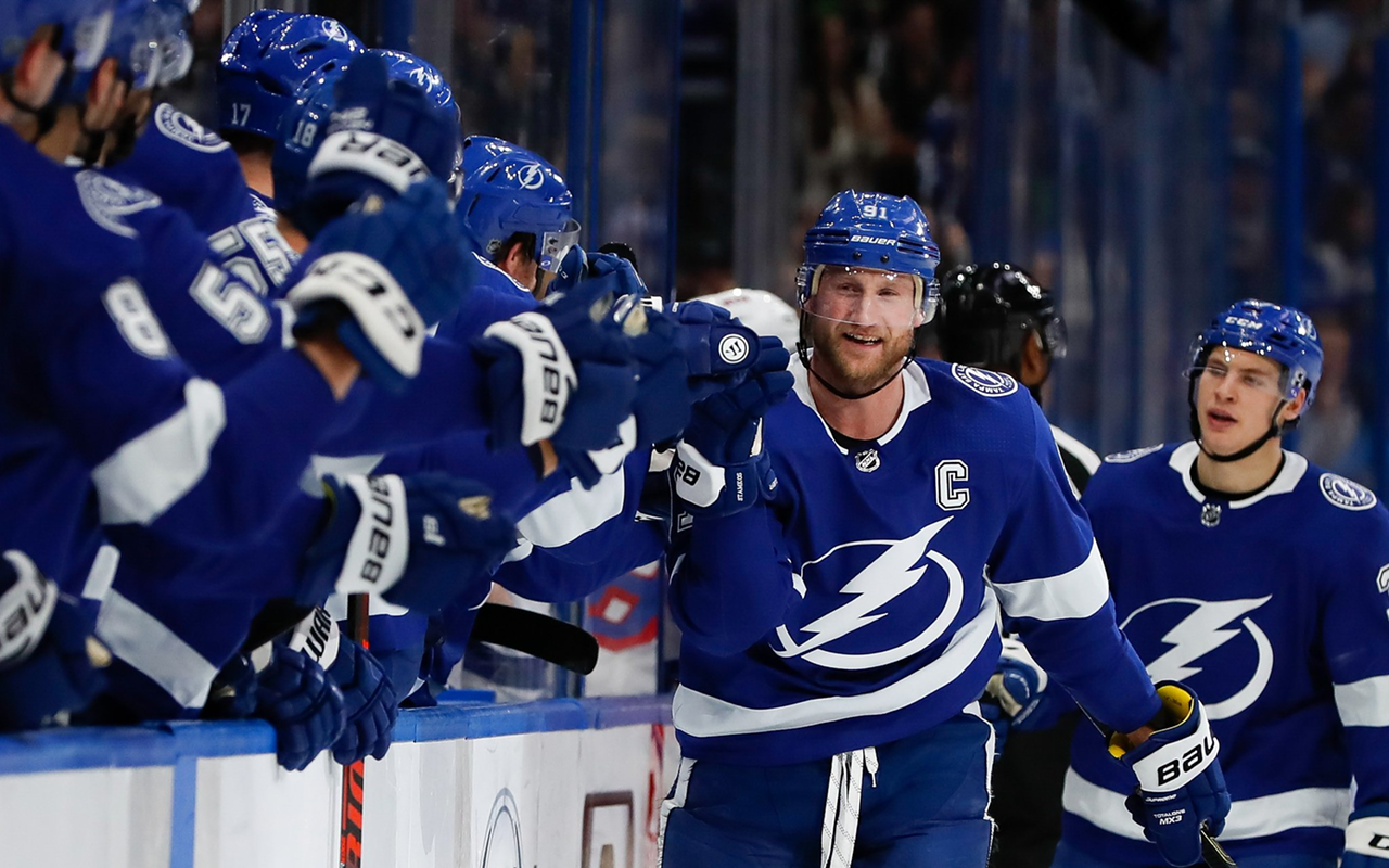 Tampa Bay Lightning captain Steven Stamkos celebrates a goal against the New York Rangers at Amalie Arena in Tampa, Florida on December 10, 2018