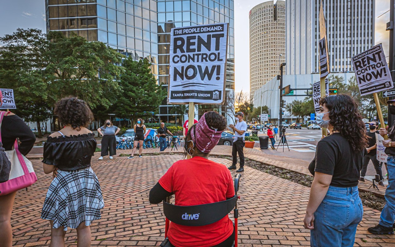 Protesters last February gather outside of Tampa City Hall to demand rent control in Tampa as rents skyrocket during an unbridled housing crisis.