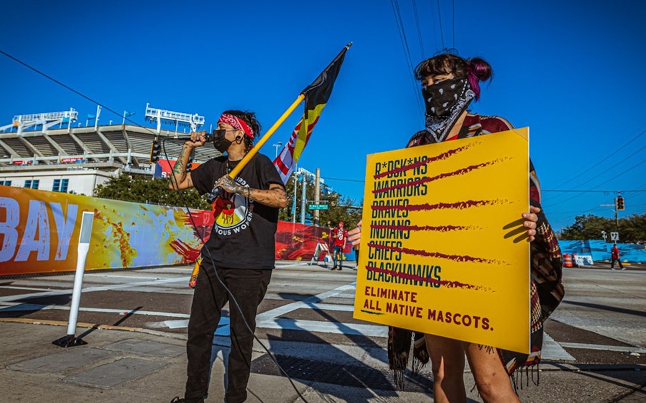 Tampa Bay Indigenous activists demand the end of all Native mascots at a 2021 Super Bowl game in Tampa.