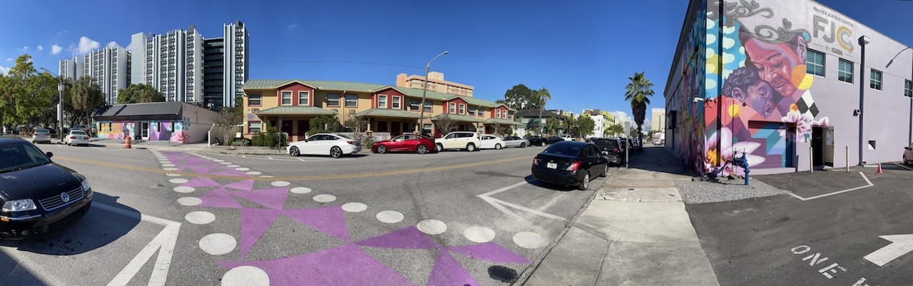 Zulu paints the town purple
1011 First Ave. N, St. Petersburg
St. Pete has a lot of murals on buildings and a lot of murals on streets. But as far as we know, Zulu Painter’s mural for Casa’s Family Justice Center (stylized “CASA”) is the only one in the city that spans two buildings and forms the crosswalk between them. The mural serves as both a beacon of hope and an invitation to those in our community experiencing domestic abuse. There’s a place where you can get help. It’s that bright purple building off First Avenue North in St. Pete.Photo by Jennifer Ring