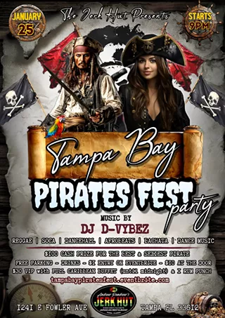 ☠️ Calling all pirates! Get ready to set sail for a night of music, dance, and epic pirate vibes at The Jerk Hut! 🌊 Join us at on Saturday, January 25, starting at 9 PM, for a night filled with music, costumes, and Caribbean vibes. 🎶 Caribbean Rhythms & Pirate Spirit Set sail on a musical journey with DJ D-Vybez spinning Reggae, Soca, Dancehall, Afrobeats, Bachata, and the hottest Dance Music! 🍹 Food & Drinks Upgrade to VIP ($30) for access to a full Caribbean buffet paired with 1 Rum Punch&mdash;a perfect way to keep the pirate spirit alive! 🏆 $100 Cash Prize Show off your best pirate costume and compete for the Best & Sexiest Pirate award! 🚗 Free Parking Focus on the fun&mdash;parking is completely free. 🎟️ Ticket Options: $1 Entry on Eventbrite (limited quantity, grab them fast!) $10 Entry at the door 📍 The Jerk Hut 1241 E Fowler Ave, Tampa, FL 33612 Don't miss this unforgettable night of Caribbean flavors, festive vibes, and pirate-themed fun during Gasparilla season! Get your tickets now and join the celebration. 🎉 Tag Your Crew: Call your mates and join the pirate crew! Make this night one for the books with epic memories.
