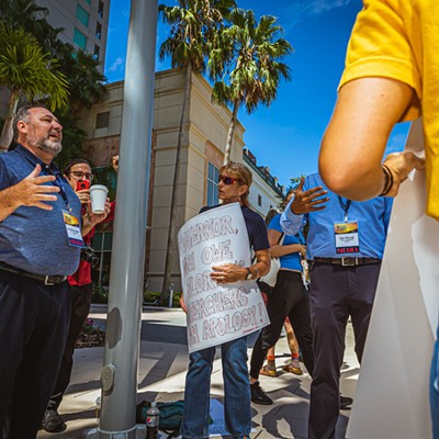 Tampa Bay teachers protest Ron DeSantis and Moms For Liberty summit in Downtown Tampa