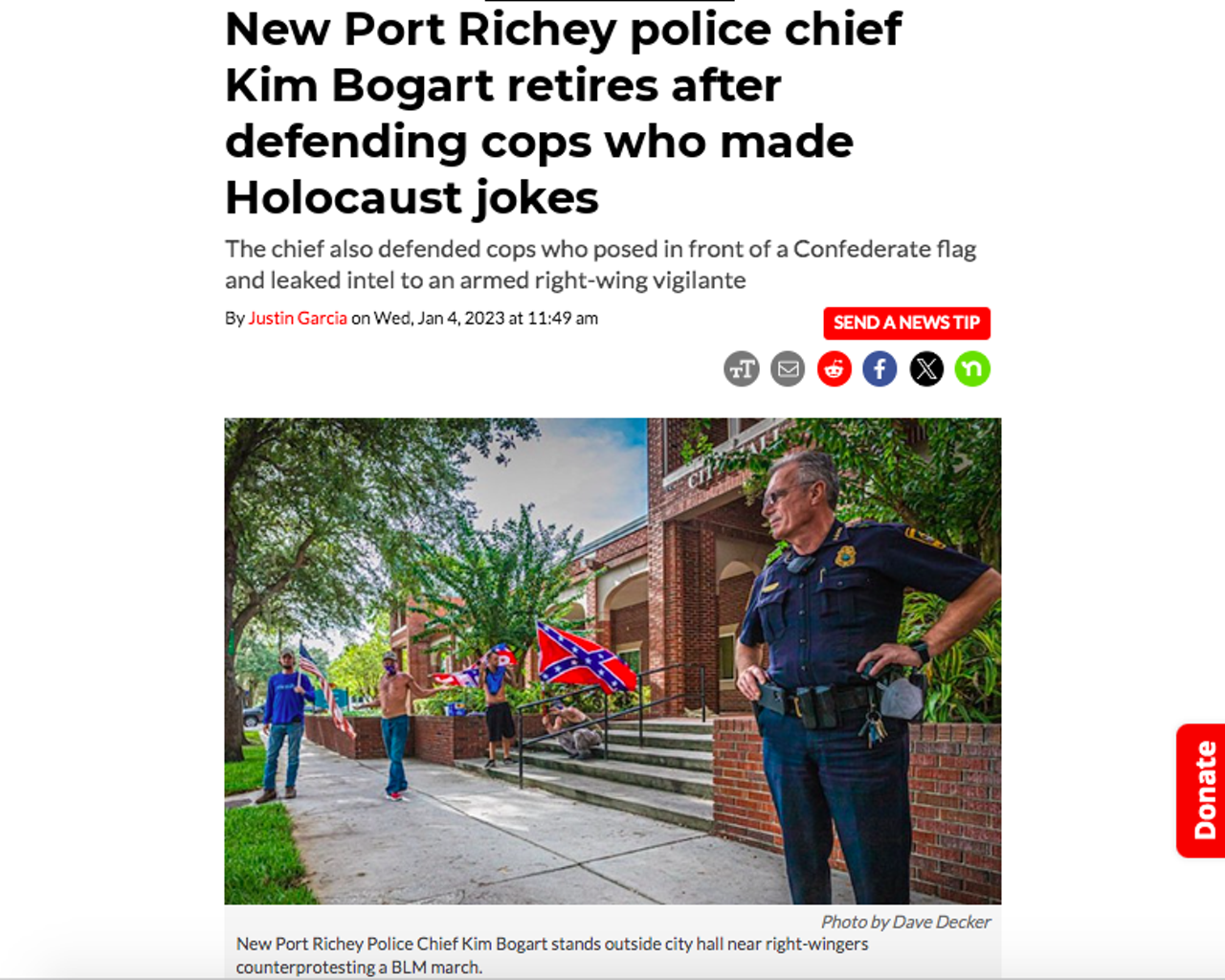 New Port Richey Police Department saw several big scandals over the past two-and-a-half years, but last January the police chief decided to leave the department. As Creative Loafing Tampa Bay previously reported, NPRPD cops have prayed with Proud Boys, posed in front of a Confederate flag, leaked department intel to an armed right-wing vigilante and falsely accused a Black man of a felony, among other incidents. Read the full story here. 