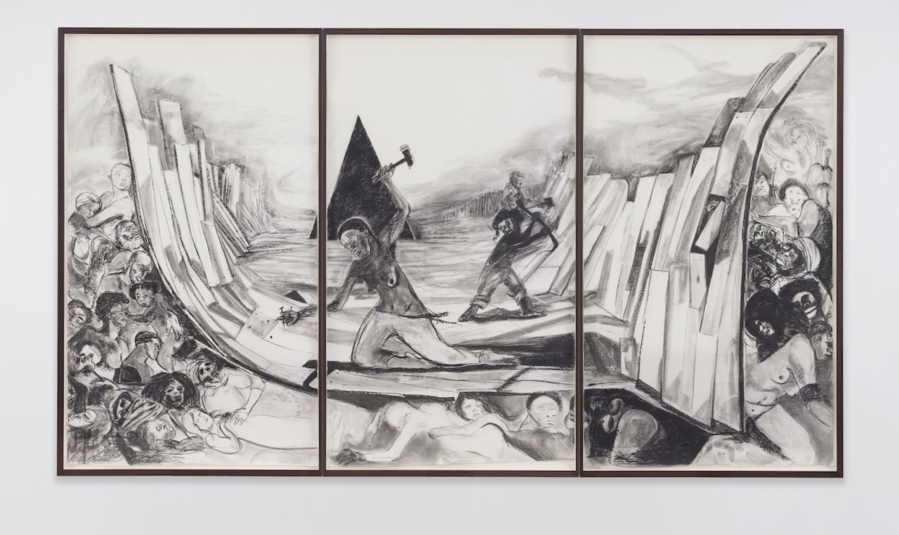 Kara Walker (American, b. 1969)
Securing a Motherland Should Been Sufficient,
2016
Graphite Lumber marker on paper
104 x 108 ¾ x ¾ inches
Jorge M. Pérez Collection, Miami