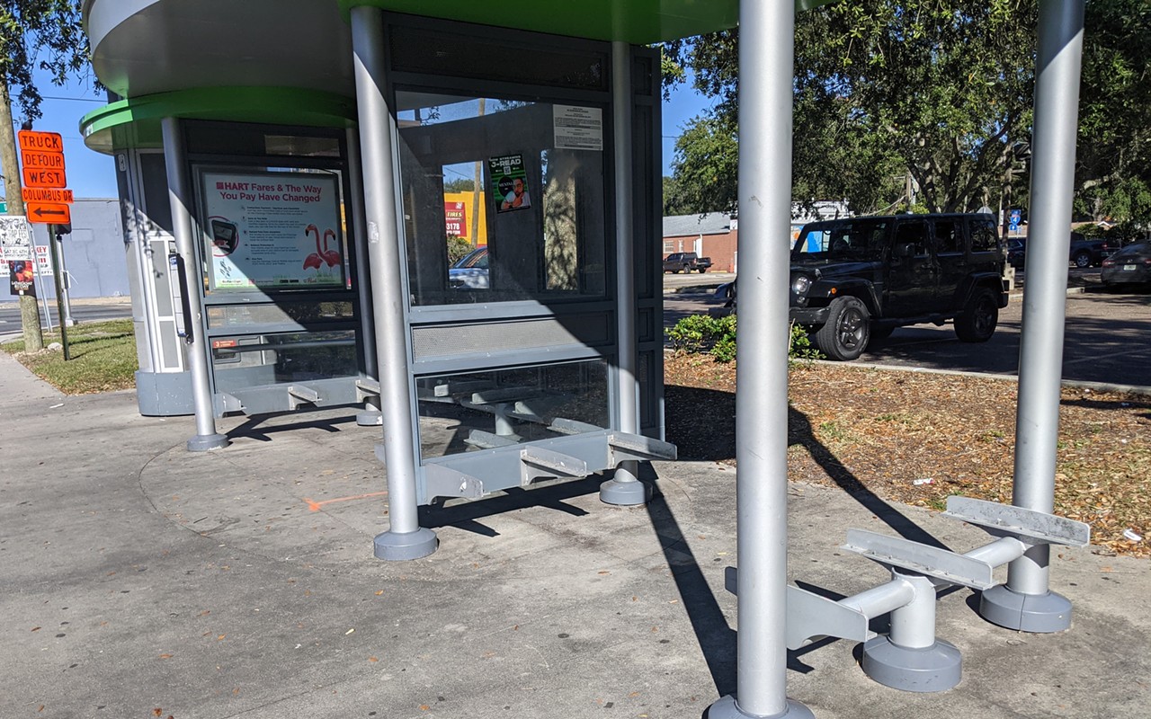 Tampa's Metro Rapid bus stop at MLK and Nebraska had all of its seats removed, along with most stops on the route.