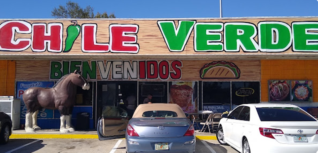 Chile Verde
2801 22nd Ave. N, St. Petersburg
The life-size horse and giant red and green “Chile Verde” sign out front will be hard to miss. This unique Mexican spot offers $2.61 tacos, $3.14 pork and chicken tamales and $12.59 chimichangas. 
Photo via Chile Verde/website