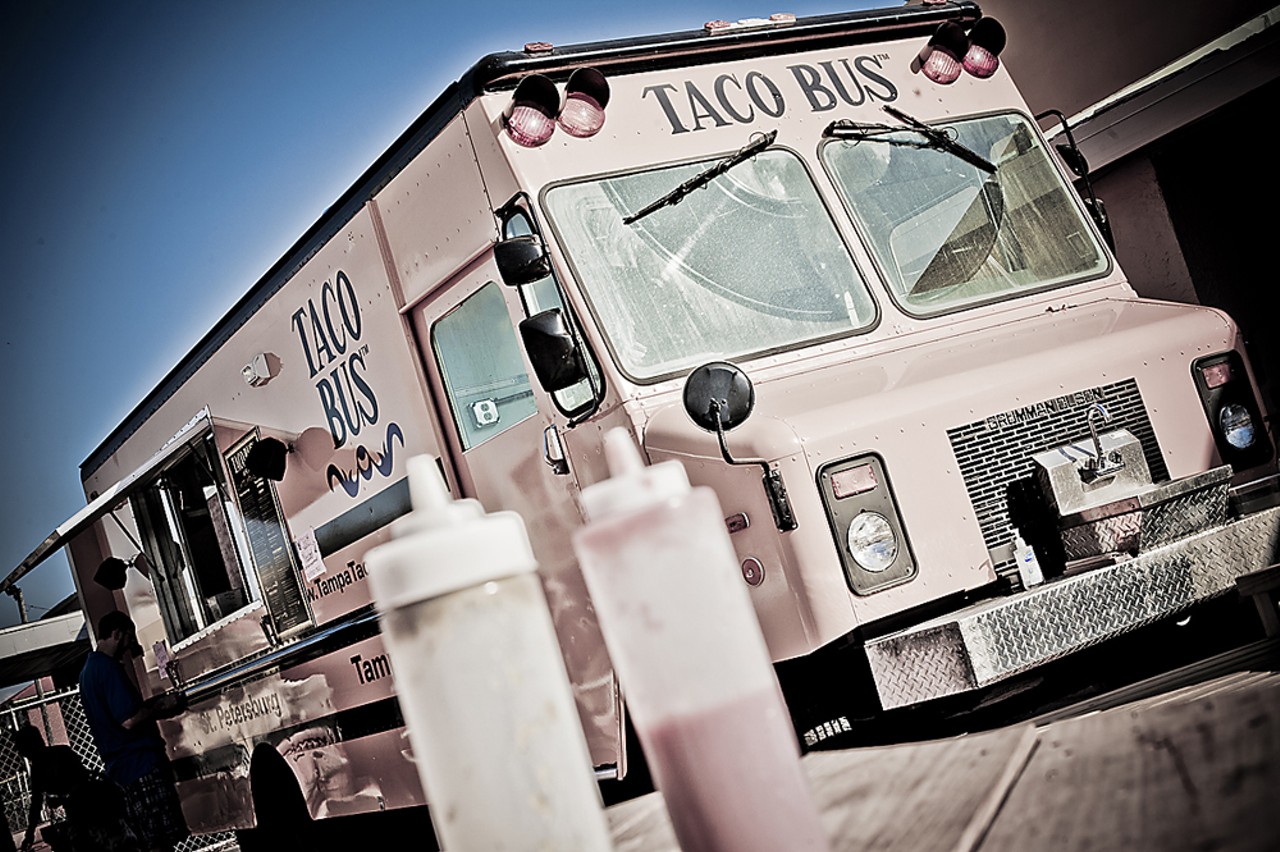 Taco Bus
Various locations, Tampa Bay
Taco Bus is one of the originals, and while many worthy competitors have popped up over the years, the restaurant-on-wheels will always hold a place in the bean-clogged hearts of taco lovers. The Bus is already looking forward to its D&iacute;a de los Muertos celebration on Oct. 29, so you&#146;re on your own for Taco Day.
Photo by James Ostrand