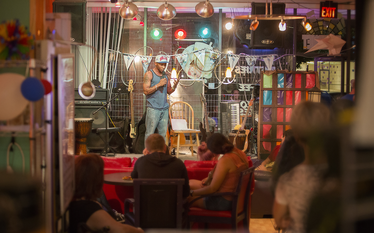 Performances at Boba House's open mic night range from acoustic guitar to stand-up comedy to solo slide trombone.